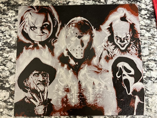5 scary characters 2 by houston713texan art 2d jason voorhees freddy krueger chucky ghostface pennywise hueforge halloween 3d print model - Mito3D