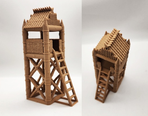 medieval palisade lookout tower - no supports by triplegworkshop miniatures table wall mini gaming games dnd miniature tabletop castle history house nosupport cabin fort raised darkages fortification stilts theme logs 3d print model - Mito3D