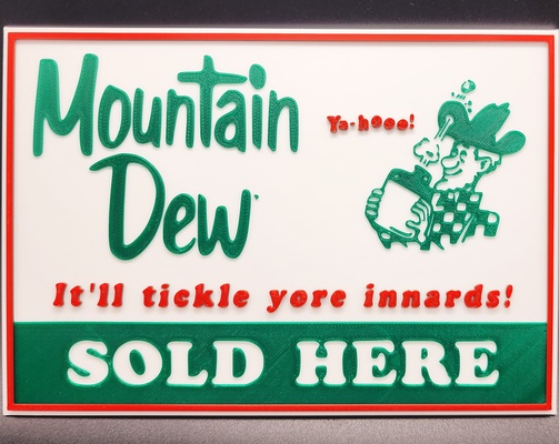 vintage mountain dew sign 3 color by triplegworkshop art signs & logos wall hanger multicolor filament game retro old collector station collection store gas soda fountain classic oil change cars wallart fuel beveragecoaster beverage mt sosa mtn repop 3d print model - Mito3D
