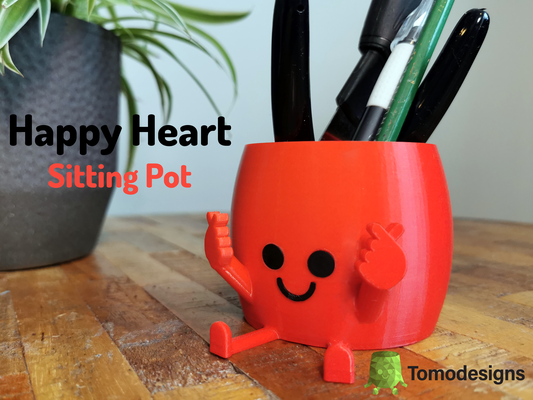 happy heart sitting pot by tomodesigns household decor vase cute gift love flowerpot valentine valentinesday 3d print model - Mito3D