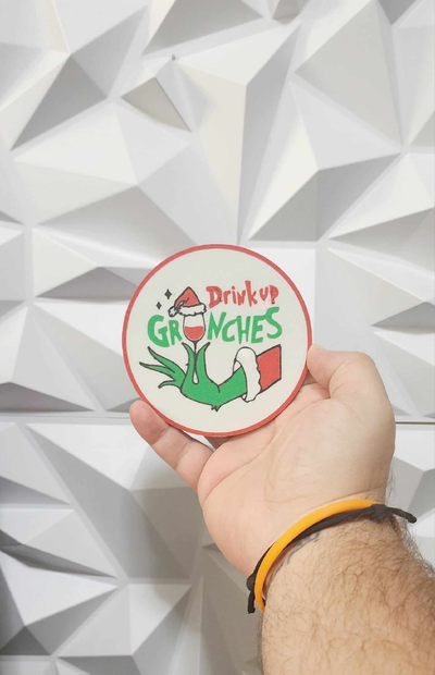 drink up grinches coaster or wall art by williams industries 2d grinch christmas green decor decorationd decorations wine tee tea beer coffee cup sign holiday 3d print model - Mito3D