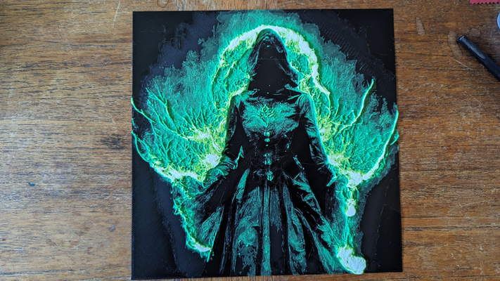 eldritch mage - hueforge filament painting by mr hye art 2d green amazing multicolor multicolor3dprint ams mmu wow board fantasy sci-fi scifi cyberpunk technology hacker wall picture decoration 3d print model - Mito3D