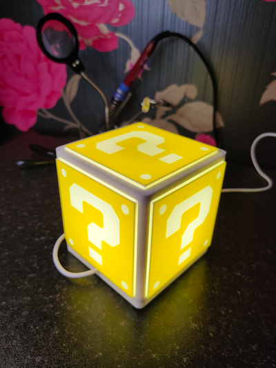 question mark cube light by nottooshabbycreations hobby & diy electronics super mario led lightbox box color block 3d print model - Mito3D