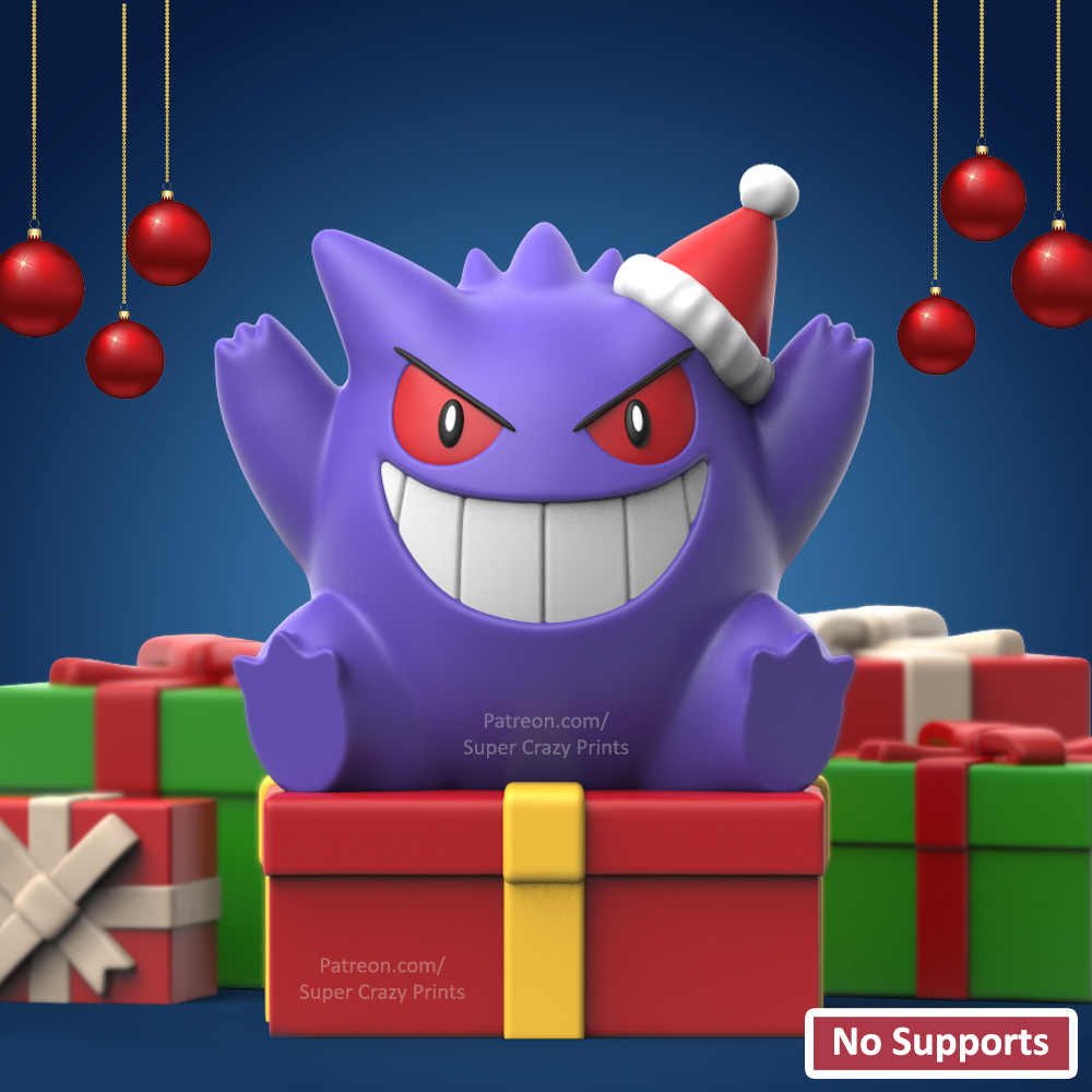 pokemon-christmas gengar no support by snapprint3d supercrazyprints toys & games characters pokemon pikachu charmander squirtle eevee christmas 3D print model - Mito3D