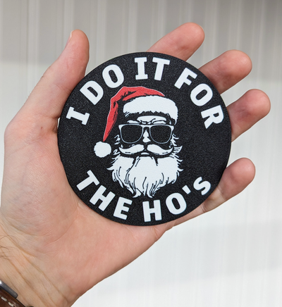santa ho's coaster - 100mm 4in by sniken art coin & badges claus cool santaclaus christmas 4inch i do it fun white black red gift tree mms color p1s x1 sunglasses text 2d circle ho x-mas ornament glass winter hat beard mustache 3d print model - Mito3D