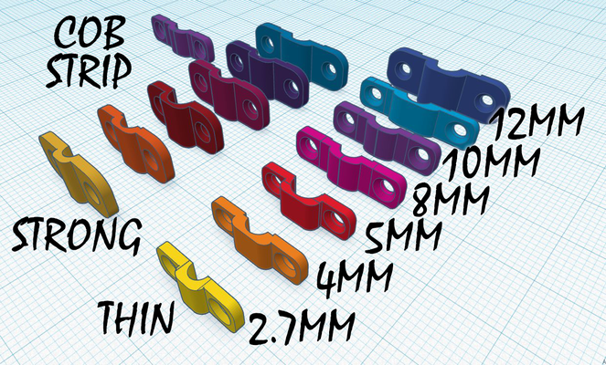clip cob led strip sizes by bs 3d print tools organizers fixed light 3mm 4mm 5mm 8mm 10mm 12mm bs3dprint 3d print model - Mito3D