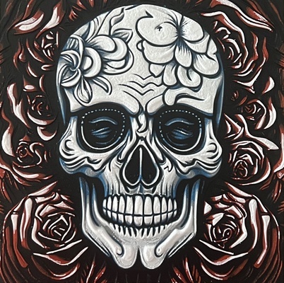 hueforge skull & roses by friartuck11 art models filament painting tattoo 3d print model - Mito3D