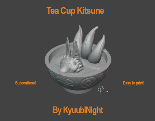 kitsune tomando banho in chá copo by kyuubinight arte esculturas fofa raposa inari kawaii xícara jardim zen 3d print model - Mito3D