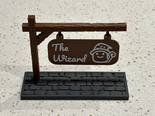 signs by bear - wizard thebear art & logos dnd dndprop dungeons dragons dungeonsanddragons sign post cobblestone wood pole wooden texture custom town city games decor decoration nametag nameplate plate logo hanging hang makerlab makemysign 3d print model - Mito3D
