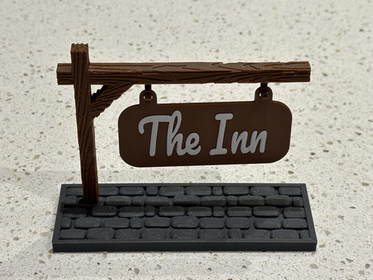 signs by bear - inn thebear art & logos dnd dndprop dungeons dragons dungeonsanddragons sign post cobblestone wood pole wooden texture custom town city games decor decoration nametag nameplate plate logo hanging hang makerlab makemysign 3d print model - Mito3D