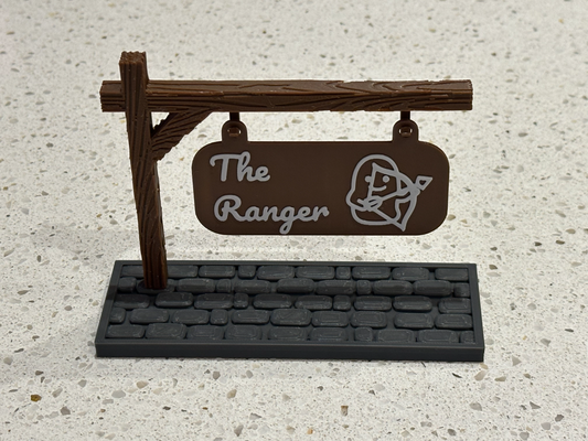 signs by bear - ranger thebear art & logos dnd dndprop dungeons dragons dungeonsanddragons sign post cobblestone wood pole wooden texture custom town city games decor decoration nametag nameplate plate logo hanging hang makerlab makemysign hunter 3d print model - Mito3D