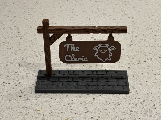 signs by bear - cleric thebear art & logos dnd dndprop dungeons dragons dungeonsanddragons sign post cobblestone wood pole wooden texture custom town city games decor decoration nametag nameplate plate logo hanging hang makerlab makemysign holy priest 3d print model - Mito3D