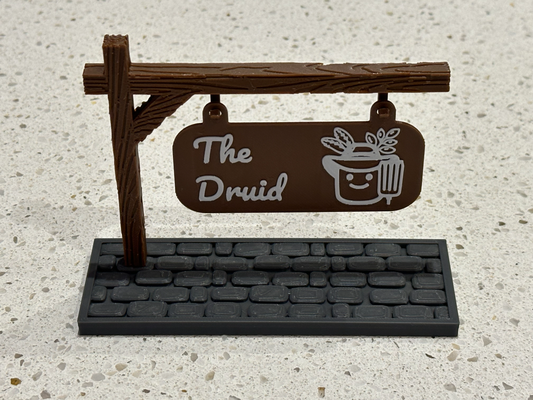 signs by bear - druid thebear art & logos dnd dndprop dungeons dragons dungeonsanddragons sign post cobblestone wood pole wooden texture custom town city games decor decoration nametag nameplate plate logo hanging hang makerlab makemysign 3d print model - Mito3D