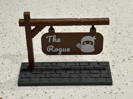 signs by bear - rogue thebear art & logos dnd dndprop dungeons dragons dungeonsanddragons sign post cobblestone wood pole wooden texture custom town city games decor decoration nametag nameplate plate logo hanging hang makerlab makemysign ninja 3d print model - Mito3D
