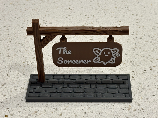 signs by bear - sorcerer thebear art & logos dnd dndprop dungeons dragons dungeonsanddragons sign post cobblestone wood pole wooden texture custom town city games decor decoration nametag nameplate plate logo hanging hang makerlab makemysign magic 3d print model - Mito3D