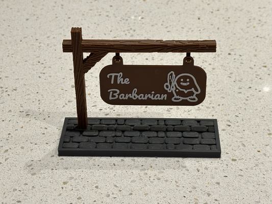 signs by bear - barbarian thebear art & logos dnd dndprop dungeons dragons dungeonsanddragons sign post cobblestone wood pole wooden texture custom town city games decor decoration nametag nameplate plate logo hanging hang makerlab makemysign warrior 3d print model - Mito3D
