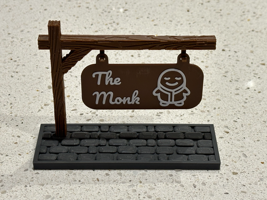 signs by bear - monk thebear art & logos dnd dndprop dungeons dragons dungeonsanddragons sign post cobblestone wood pole wooden texture custom town city games decor decoration nametag nameplate plate logo hanging hang makerlab makemysign 3d print model - Mito3D