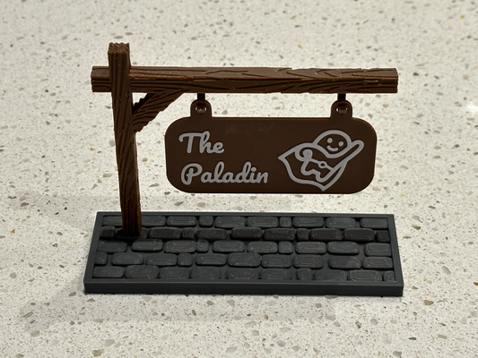 signs by bear - paladin thebear art & logos dnd dndprop dungeons dragons dungeonsanddragons sign post cobblestone wood pole wooden texture custom town city games decor decoration nametag nameplate plate logo hanging hang makerlab makemysign 3d print model - Mito3D