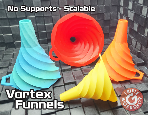 vortex funnels - no supports by triplegworkshop tools bottle water handle recycle spiral hanging spill garage safe funnel parts automotive improvement work clean mess scalable pour pouring cleaner holes nosupport bottles oil change hole improved filler flow 3d print model - Mito3D