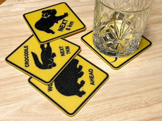 australien animal route signe verre titulaire soutien by 3dprintcraft ménage décor boisson coaster bar buvant australie animaux panneaux routiers aussie 3d print model - Mito3D
