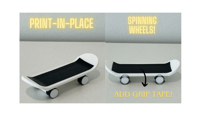 print in place finger skateboard v1 by fin3dprinting toys & games skate fingerboard fidget toy print-in-place spinning wheels fun good high quality quick to customisable customizable 3d print model - Mito3D