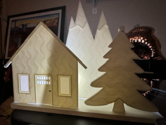 mountain cabin scene by punny labs household decor snow white christmas decorations 3d nature tree silk forest winter light lightart 3d print model - Mito3D