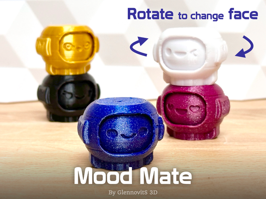 mood mate xyz calibration - print-in-place cube alternative + changer by glennovits 3d printer test models toy print quick easy fast fun cali space spacesuit astronaut kawaii cute spin spinning fidget robo robot face suit benchy benchmark mechanism printinplace pip adhd stress depression anxiety selection 3d print model - Mito3D
