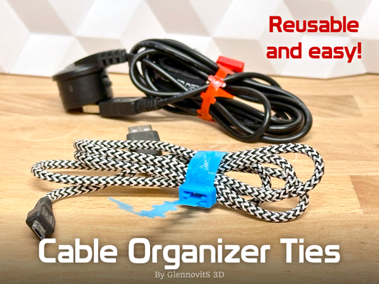 cable organizer ties super easy - 150+ sizes by glennovits 3d tools organizers cabletie cablemount cableholder holder organize fix reuse reusable quick fast print practical lastmeters desk drawer sort order label wire wires dymo 3d print model - Mito3D