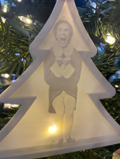 elf ferrell christmas ornament lithophane by 3d prints week household festivities collection decoration litho funny silly movie tv holiday easy fast comedy festive decor contest 3d print model - Mito3D