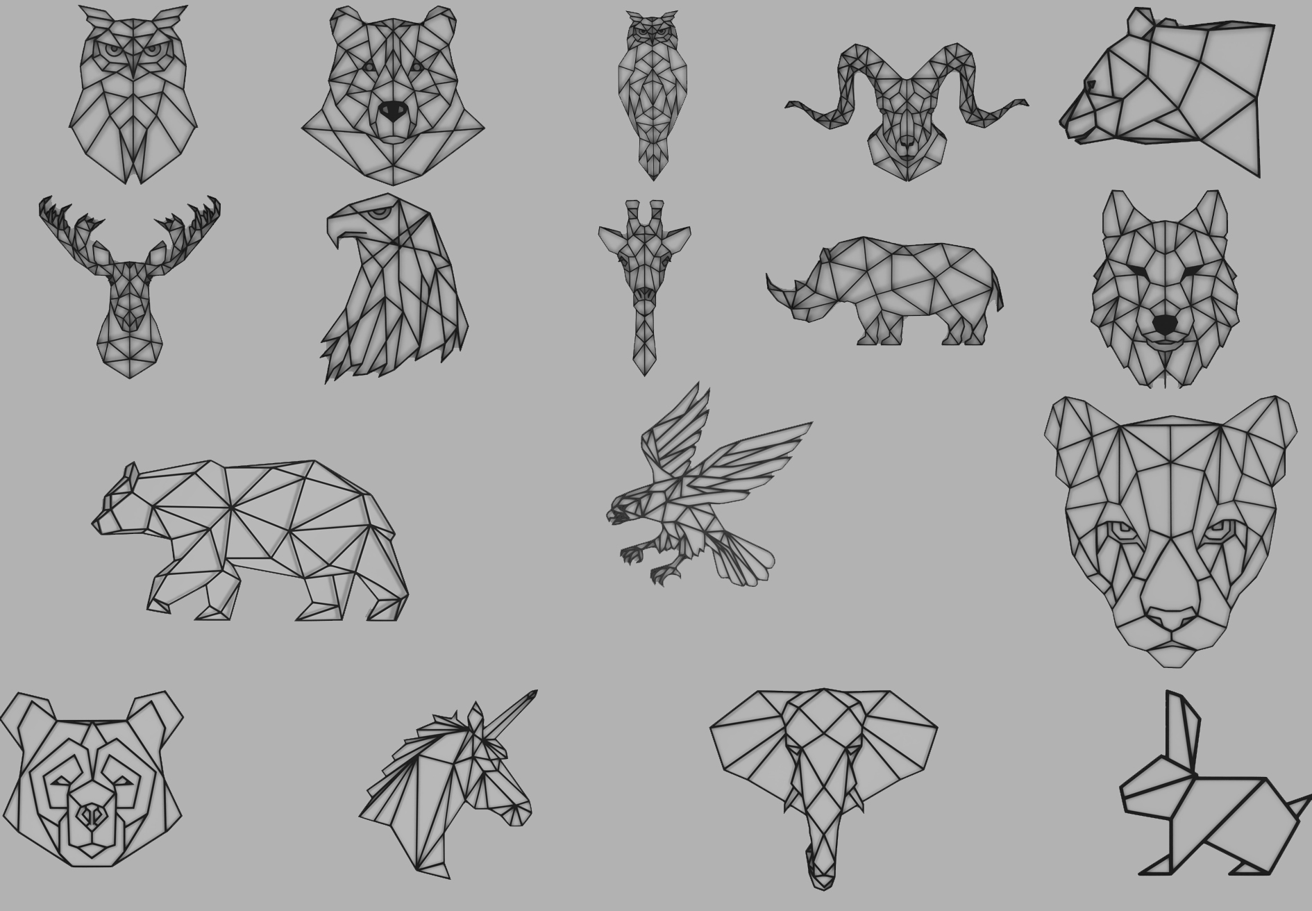 geometric animals - 17 shapes by calzune art models animal rabbit eagle wallmount bear elephant unicorn 2dart wallart puma 3D print model - Mito3D