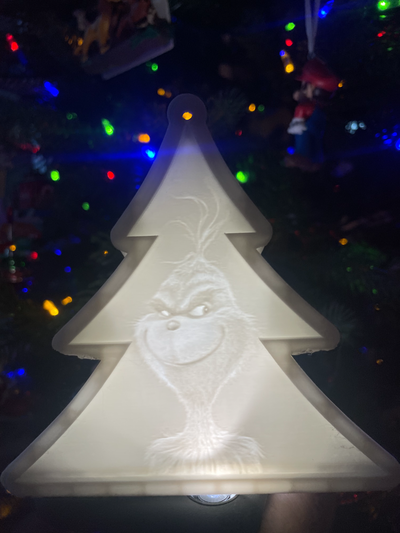 grinsch weihnachten ornament lithophan by 3d druckt woche haushalt feierlichkeiten urlaub ornamentsammlung komisch niedlich geschenk litho wettbewerb festlich dekoration karikatur kinder baum 3d print model - Mito3D