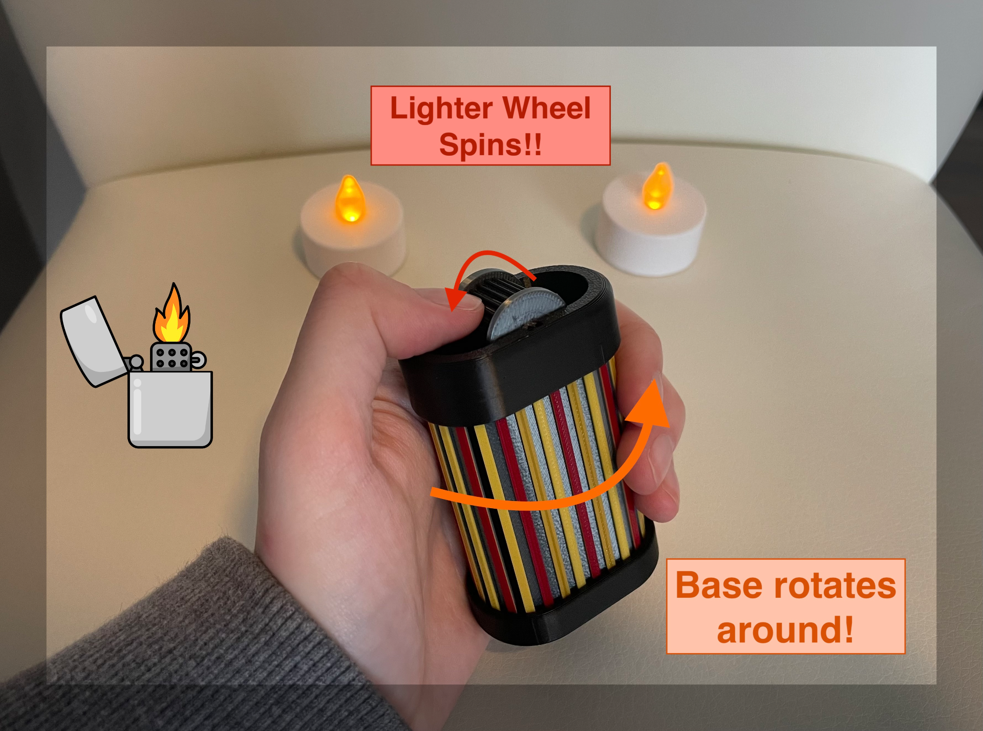 lighter fidget toy by esotericwizard toys & games wheel rotate spin spinner orbit oval light zippo bic fire flame fidgettoy fidgettoys nosupport nosupports multicolor a1 ams design contest designcontest spins striker ridges desktoy stressrelief flicker motion unique twist pocket quiet spark tactile 3D print model - Mito3D