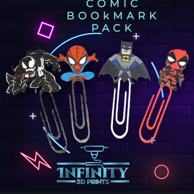 comic hero bookmark pack by infinity 3d prints education models book mark superhero villain red hood batman spiderman venom 3d print model - Mito3D