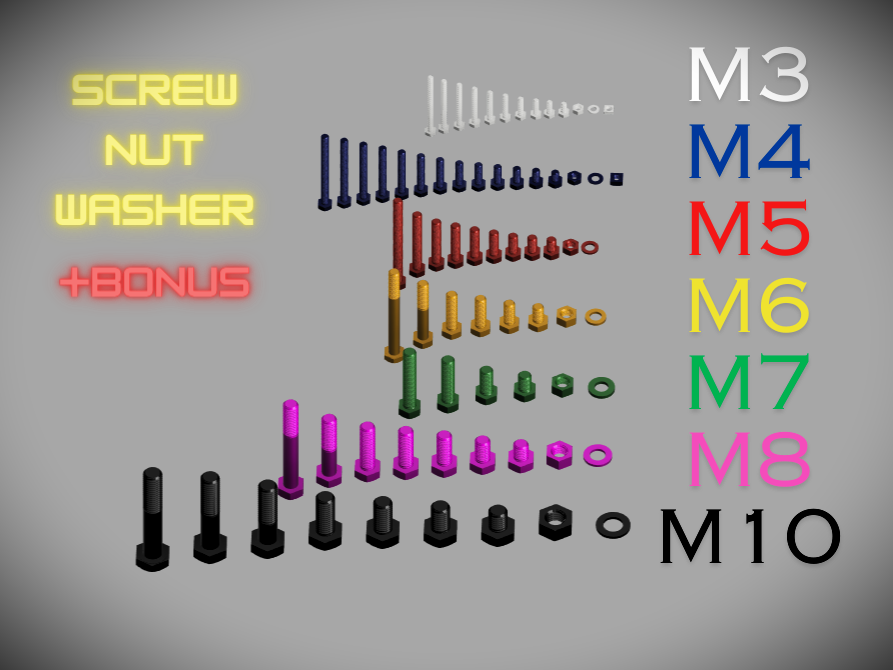 screw set m3 m4 m5 m6 m7 m8 m10 iso 4017 by jerryie hobby & diy nut washer 3D print model - Mito3D