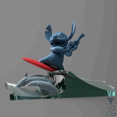 stitch riding a wave ukulele & dolphins by zurlingo-3d art sculptures lilo dolphin surfboard 3d print model - Mito3D