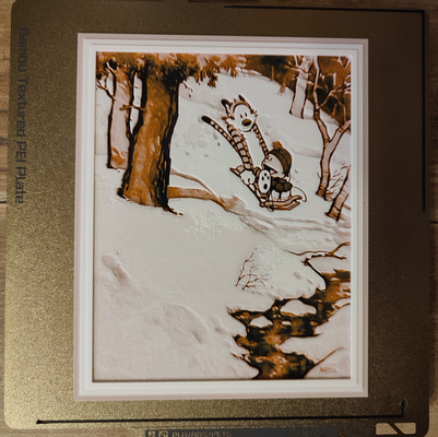 calvin hobbes schlitten reiten by klassisch 2 5 generativ 3d modell hutschmiede lithophan rechnung watterson comic karikatur winter achtung weihnachten schnee filament malerei 3d print model - Mito3D