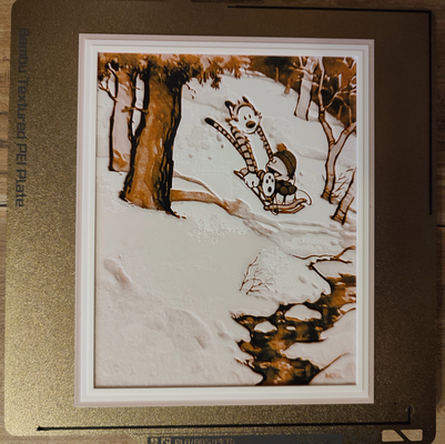 calvin & hobbes - sleigh ride by classic 25 generative 3d model hueforge lithophane bill watterson comic cartoon winter danger christmas snow filament painting 3d print model - Mito3D