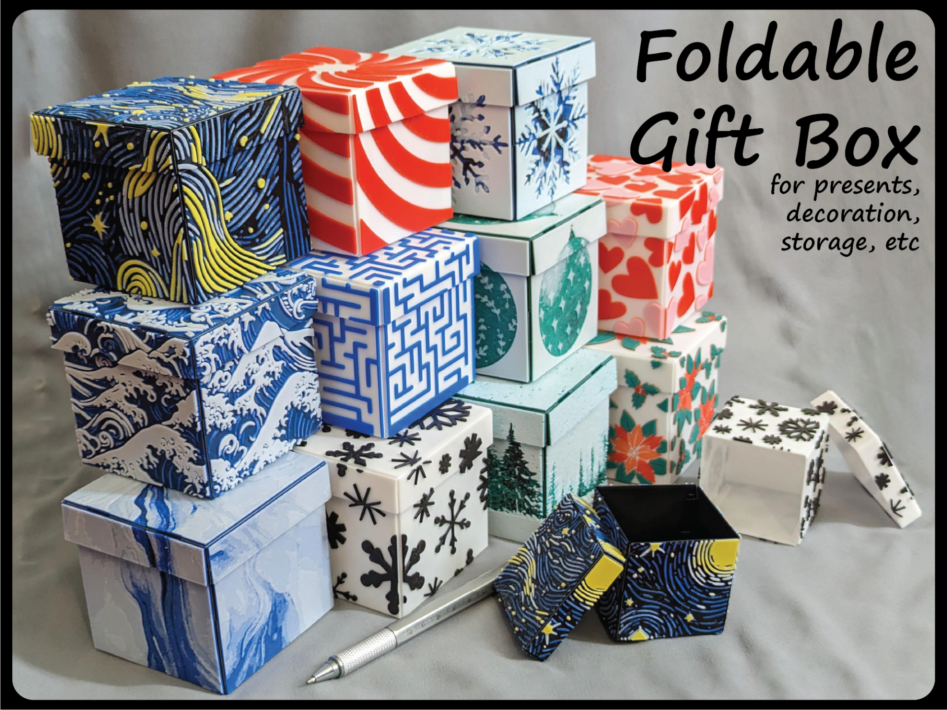 foldable gift box decorative by proc design household decor lid decoration folding hueforge storage christmas xmas valentine art 3D print model - Mito3D