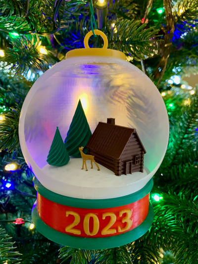 holiday christmas ornament 2023 - snow globe by billycobra03 household decor ornaments winter tree deer log cabin xmas 3d print model - Mito3D