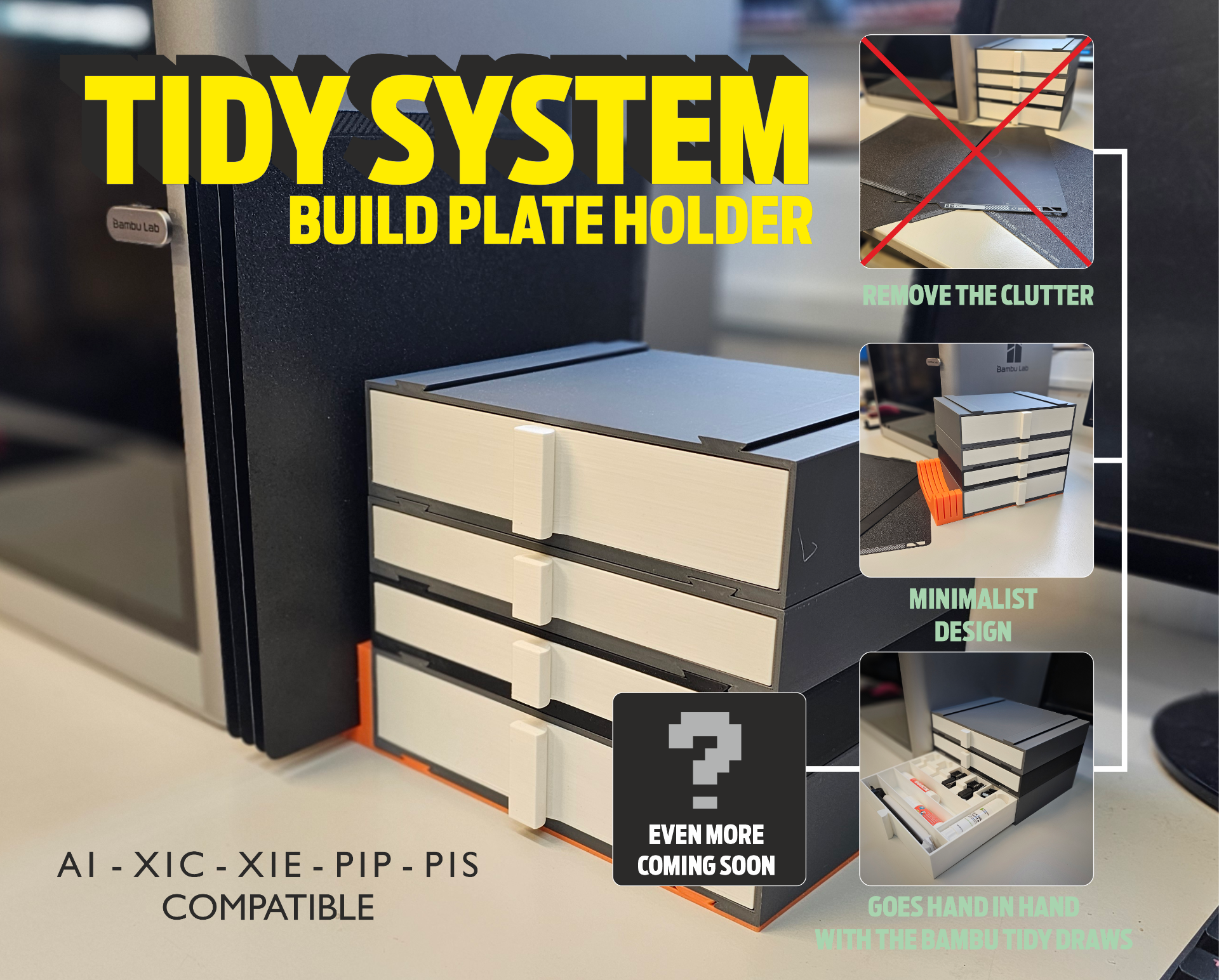 ordinato sistema costruire piatto titolare supporto chiaro ingombrare by caos totale 3d stampante accessori bambu x1c p1p p1s a1 x1e mod passatempo conservazione petg pla scatola astuccio guaina 3D print model - Mito3D