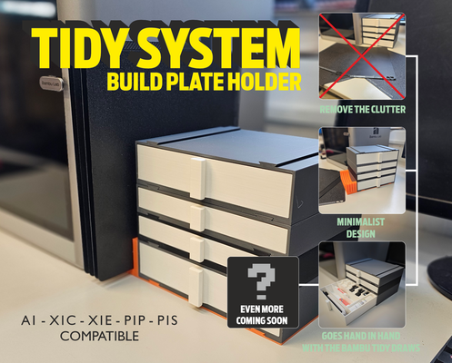 tidy system build plate holder - clear clutter by totalchaos 3d printer accessories bambu x1c p1p p1s a1 x1e mods hobby storage petg pla box case 3d print model - Mito3D