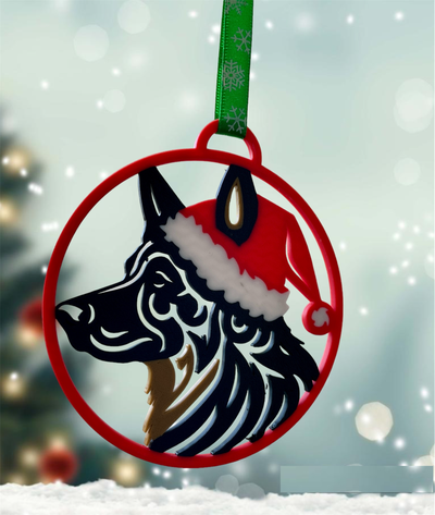 santa dog christmas ornament by 3dprintsmom art 2d decoration tree xmas german shepherd 3d print model - Mito3D