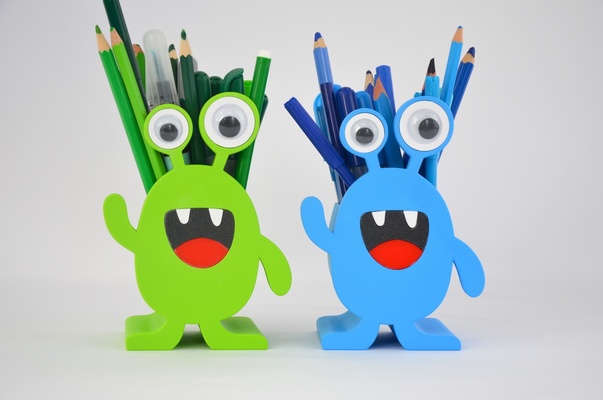 pen box - monster e by 3dnestcz tools organizers organizer desk pencil kids 3d print model - Mito3D