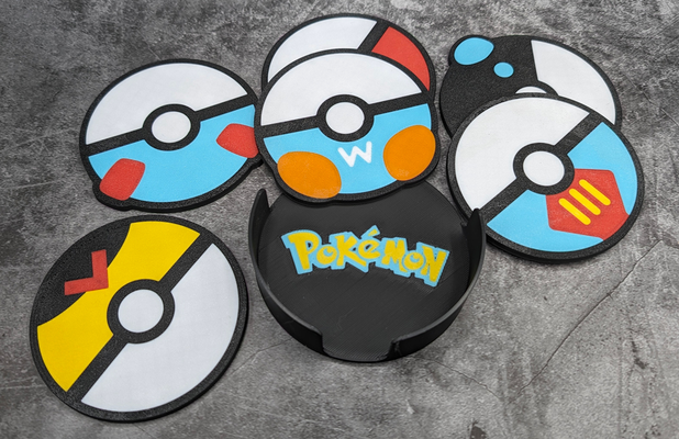24 pokeball coasters holder - multicolour by angry-p1p household house models pokemon coaster ams logo anime decor drinking fun children 3d print model - Mito3D