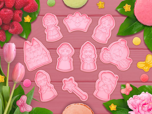 cutie princess set cookie cutter stamp by indibles hobby & diy christmas 2023 2024 christmascookie christmascookiecutter cutters cookies cookiescutter cookiestamp magic wand carriage crown ariel arielle belle beauty beast cinderella sleepy aurora snow white rapunzel castle disney 3d print model - Mito3D
