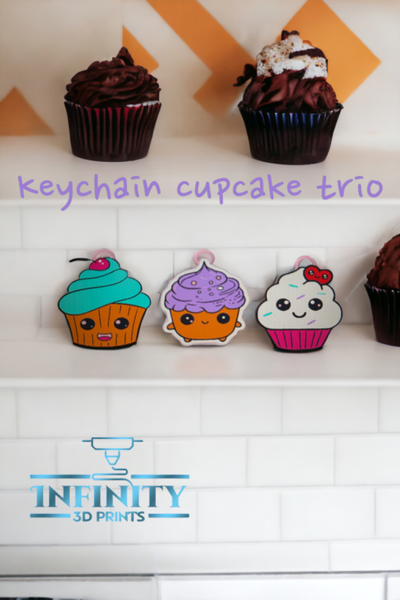 happy cupcake trio keychains by infinity 3d prints art coin & badges sweet key chain fun kids girl love icing bling sprinkles heart 3d print model - Mito3D