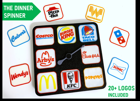 dinner spinner 20+ logos included by nc-designs household decor food fastfood makerlab my sign chooser eat eating decision decider logo magnet fridge magnets holder tacobell costco arbys chipotle kfc burger king fiveguys cookout dominos dennys pizzahut chick-fil-a mcdonalds dairyqueen littlecaesars popeyes whataburger pandaexpress jackinthebox wendys sonic ihop culvers taco bell innout 3d print model - Mito3D