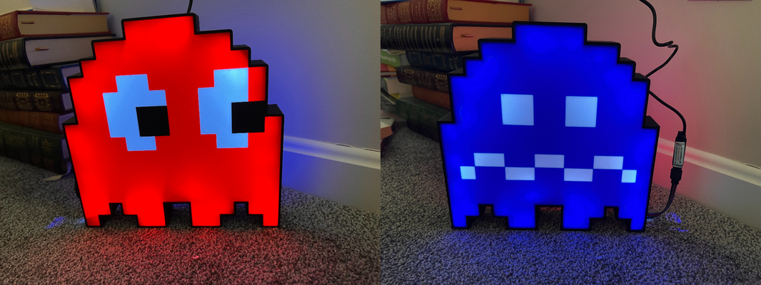 two sided reversible pac-man led lamp by beetee 3d art signs & logos pacman pac man retro 70s 80s ghost pills videogame video game bandai namco games videogames inky blinky pinky clyde scared atari nintendo nes snes ledlamp light box lightbox 3d print model - Mito3D