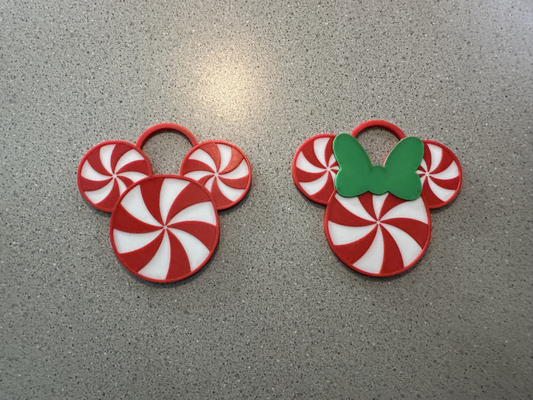 mickey & minnie peppermint christmas ornaments by 3d imagineer household decor mouse ears ornament disney disneyland disneyworld zipper pull minniemouse multi color print printing colour 3d print model - Mito3D