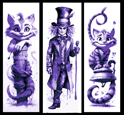 set of 3 bookmarks - cat mad hatter alice in wonderland by mclanesmemories art 2d book mark marker bookmarker purple hueforge 3D print model - Mito3D